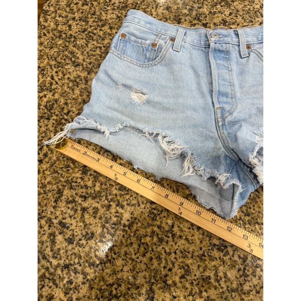 Levis 501 Original High Rise Distressed Denim Shorts Light Wash Blue W28 - Picture 9 of 10